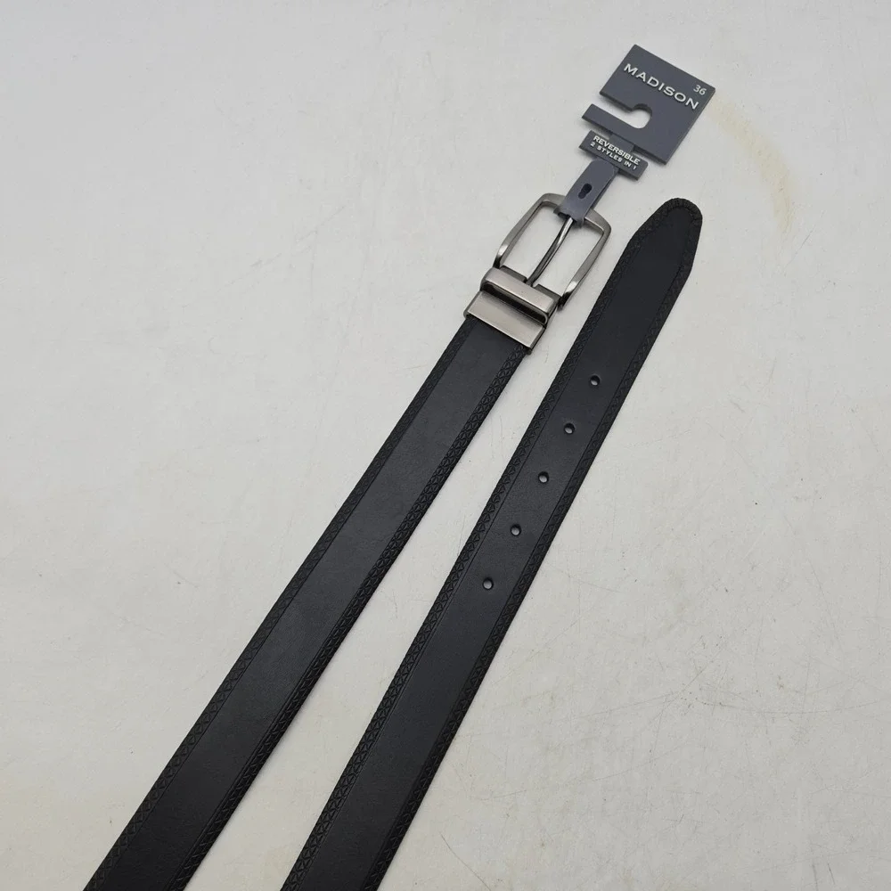 Madison Belt Black Textured Reversible Syn Leather Men 36 Nickel Buckle New